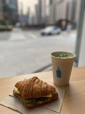 seasonal croissant breakfast sandwich, iced matcha latte