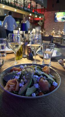 Salmon Avocado salad with added goat cheese & Happy Hour Pinot Grio