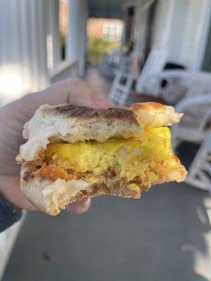 Egg, pimento cheese on an English muffin