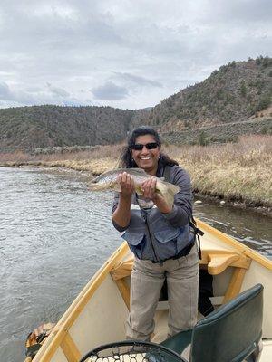 Mou with a Brown trout on the Colorado