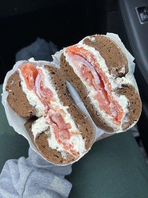 Black Russian Bagel with Cream Cheese, Lox, Tomato, & Onion