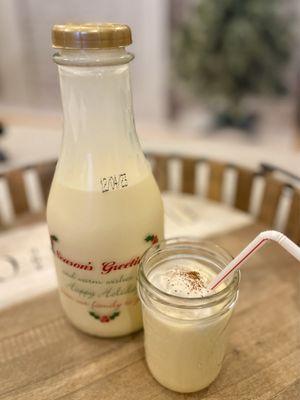 Eggnog in glass bottle ($2.50 deposit) or buy in clear plastic if you rather.