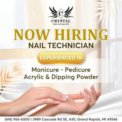 We're looking for talented Nail Technicians to join our Crystal Nails And Spa N.N family!