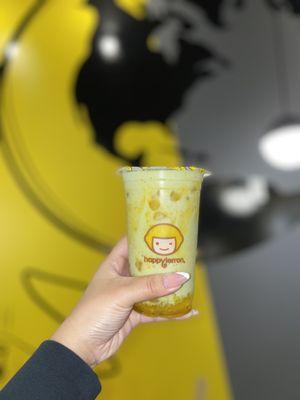 mango matcha smoothie with mango crystal boba