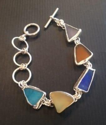 sterling silver bezel set beach glass bracelet with toggle clasp