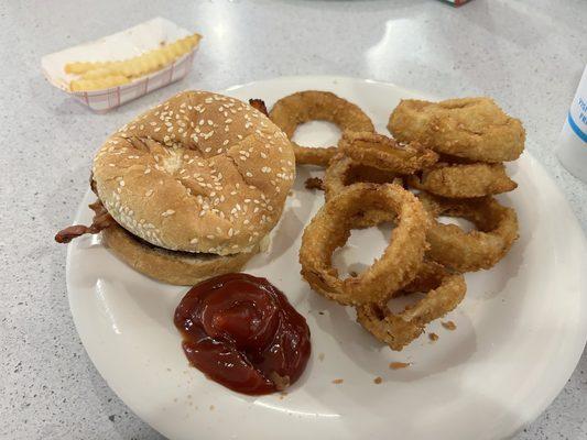 Double bacon cheeseburger and onion rings