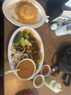 Street tacos, rice and beans