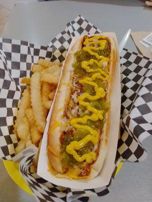 Foot long chili dog with fries