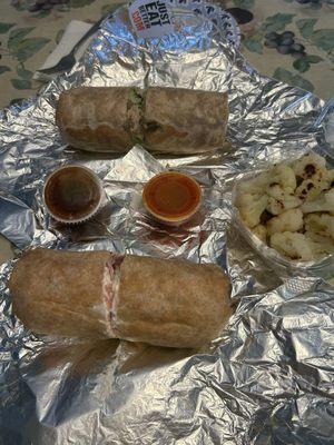 Greek freak wrap, latin lover wrap and roasted cauliflower and dipping sauces