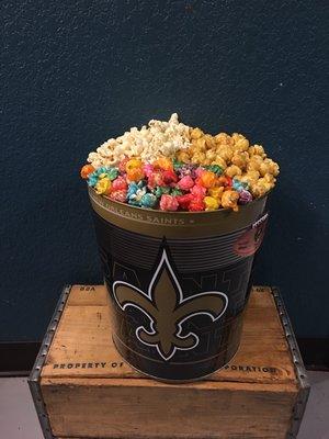 New Orleans Saints Popcorn Tin filled with Madrid gras popcorn, Caramel & White Cheddar! Who Dat!