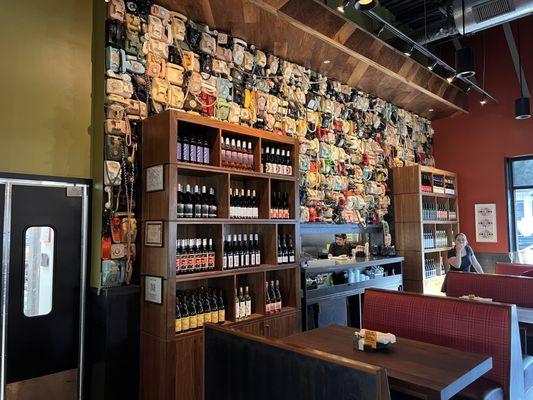 Unique wall of classic telephones adds charm to the decor.