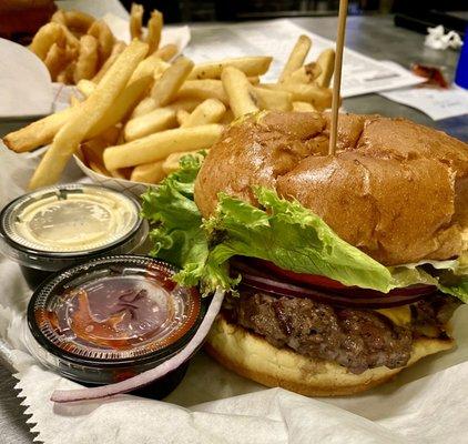 Bison burger and Dipping Fries with Sriracha Ketchup and Honey Mustard