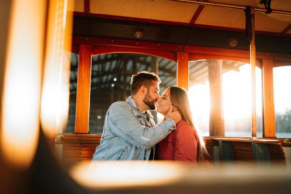 Beautiful photo of couples photo shoot in a trolley in Irvine California.