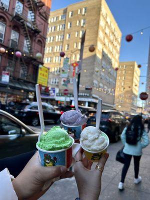 Pandan, black sesame ube, and lychee