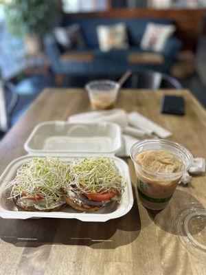 Veggie Bagel (rating: 5/5), Thai Iced Coffee - Small (rating: 4/5)