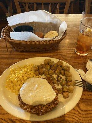 Country Fried Steak w/corn and okra