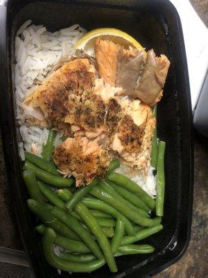 Salmon, white rice, and asparagus