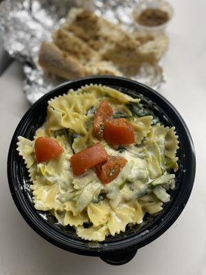 VERDURA ALL'AGLIETTO escarole, spinach sautéed in garlic and olive oil over bowtie pasta