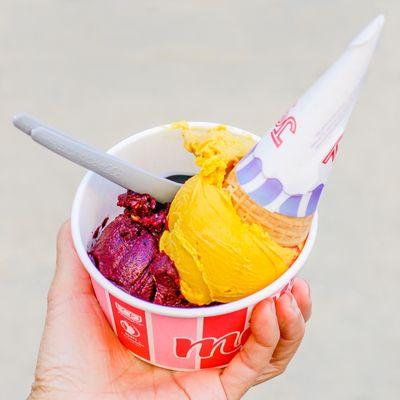 Blueberry sorbet and mango sorbet cone ig: @michellelieats