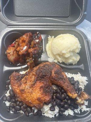 Rotisserie and teriyaki chicken with black beans, white rice and mashed potatoes.