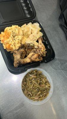 Baked jerk chicken wings, cabbage, green beans, mac & cheese