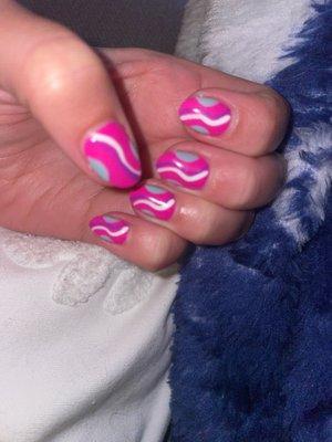 My nails all done--design was changed. Sides of nails are low and painful. But I like the vibrancy.