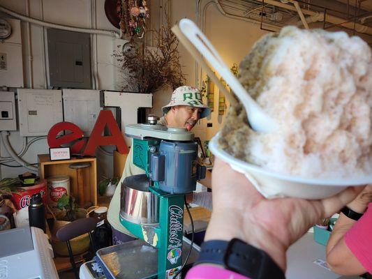 My selection of shave ice flavors: matcha, hojicha, and strawberry milk