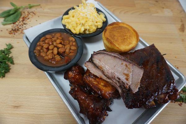 House smoked brisket, ribs and JUMBO wings! Mac, Brisket Beans and Corn Muffin - ALL made from SCRATCH