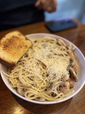 Build your own pasta ($9) - Spaghetti w/ Garlic, Olio & Parmesan Sauce + chicken, shrimp, mushrooms, sautéed garlic, & extra pasta