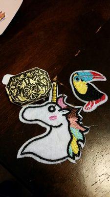 A beautiful pin and a couple fun iron-on patches!