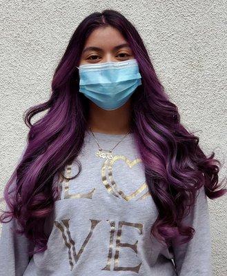 Balayage and 3 different shades of purple along with a money piece