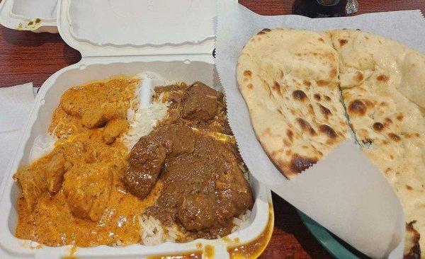 Chicken and Beef korma over rice with Naan.