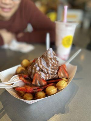 Num Num egg waffle with taro soft serve, strawberries and Nutella