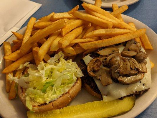 Mushroom swiss burger with fries