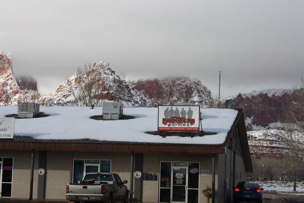 Snowy outside, warm and friendly inside.  Great chicken strips waiting for you