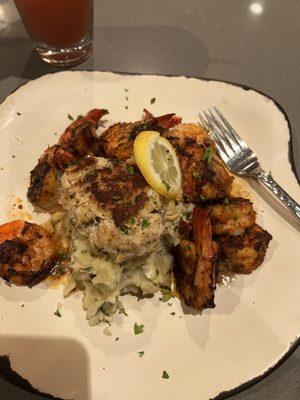 Blackens shrimp, feta mashed potatoes and an Crabcake