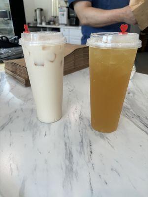 Jasmine milk tea and peach green tea