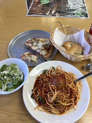 Salad, garlic roll, Spaghetti w/meatballs, pepperoni & italian sausage pizza.