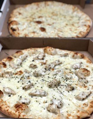 Chicken Alfredo and cheese and Alfredo Pizza