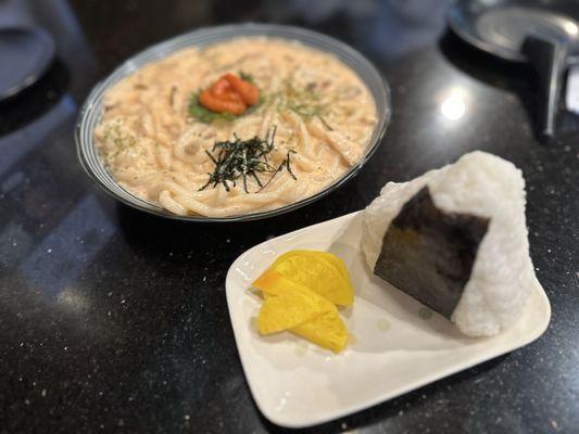 Plum Onigiri and creamy uni udon