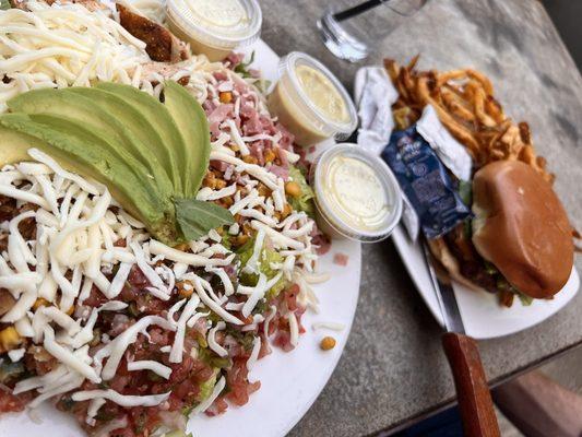 Cobb Salad (sub shredded cheese), Burger.