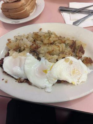 Corned Beef Hash and Poached 2 Eggs Any Style