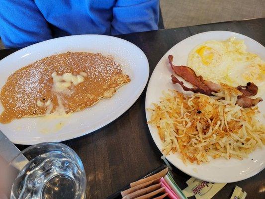 King cake combo. King cakes are truly thin pancakes. The combo is two eggs and hash browns with sausage or bacon.