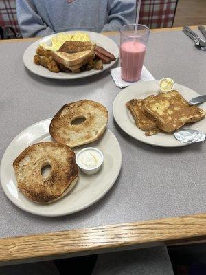 Bagel or Cinnamon Roll, French Toast, Egg , Home Fries , & Toast