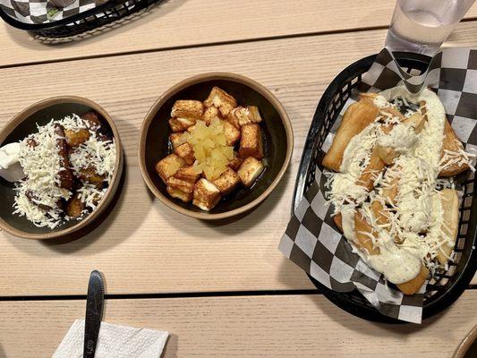 Sweet Plantains, Queso Frito with Pineapple Sauce, and Yuca Fries