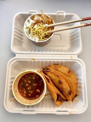 10/15/2024 Birria Queso Tacos (3pk w/consommé) and side ramen for after! (No cilantro for both since I can't eat it)