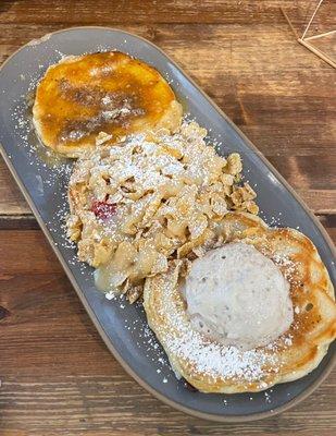 Pancake flight: coffee cake, milk & cereal, monkey chip