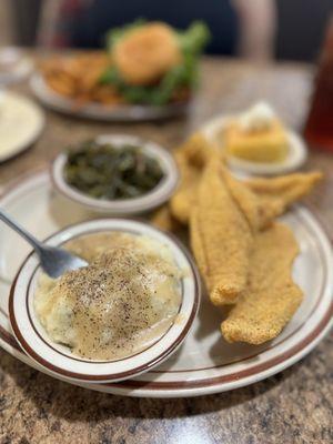 fried catfish and greens and mashed potatoes