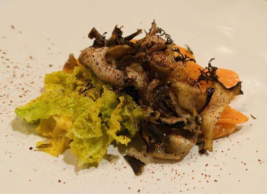 Abalone, miso glazed carrots and cabbage.  Beautiful flavor and presentation