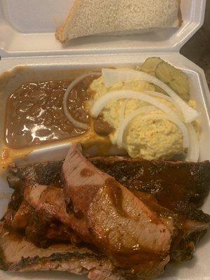 So good!!!   Brisket  Ribs  Potato Salad  Ranch Style BBQ Beans